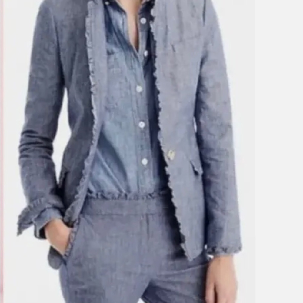 J. CREW Chambray Regent Blazer with Ruffle Trim Size 2